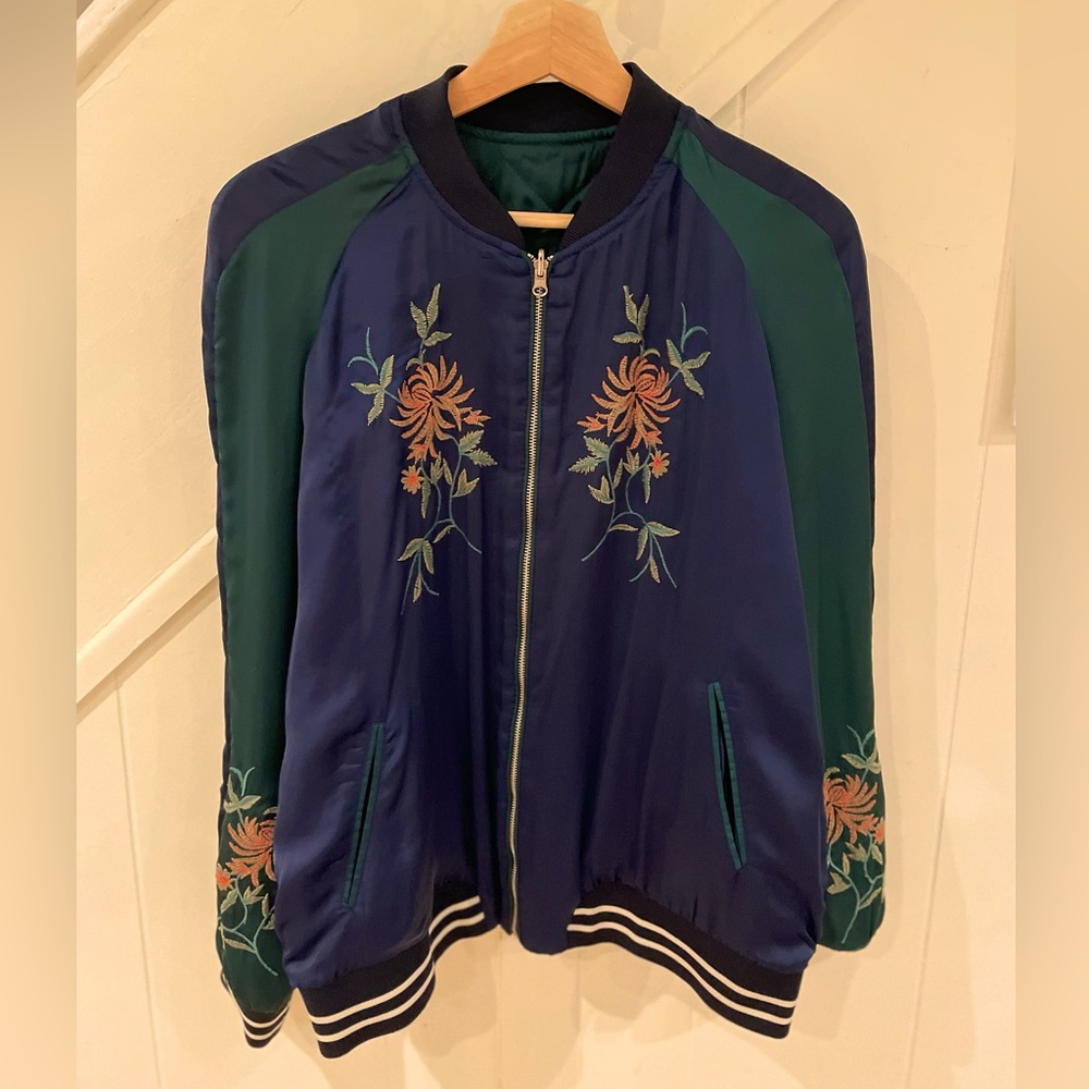 Zara Blue and Green Embroidered Bomber Jacket